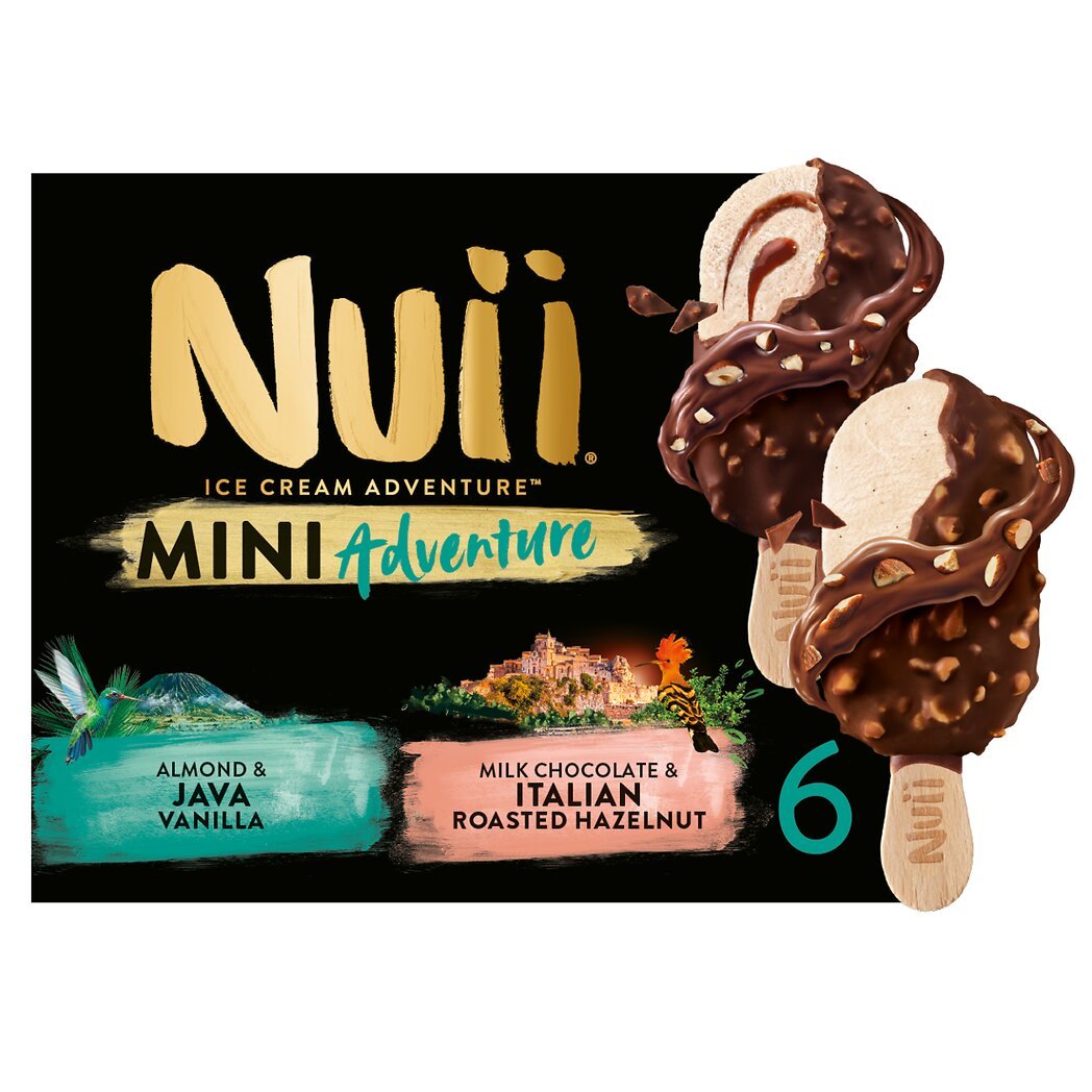 Italie Nuii Mini Adventure - Glace amandes vanille de Java et chocolat au lait noisettes d' grillées la boîte de 6 bâtonnets - 252g