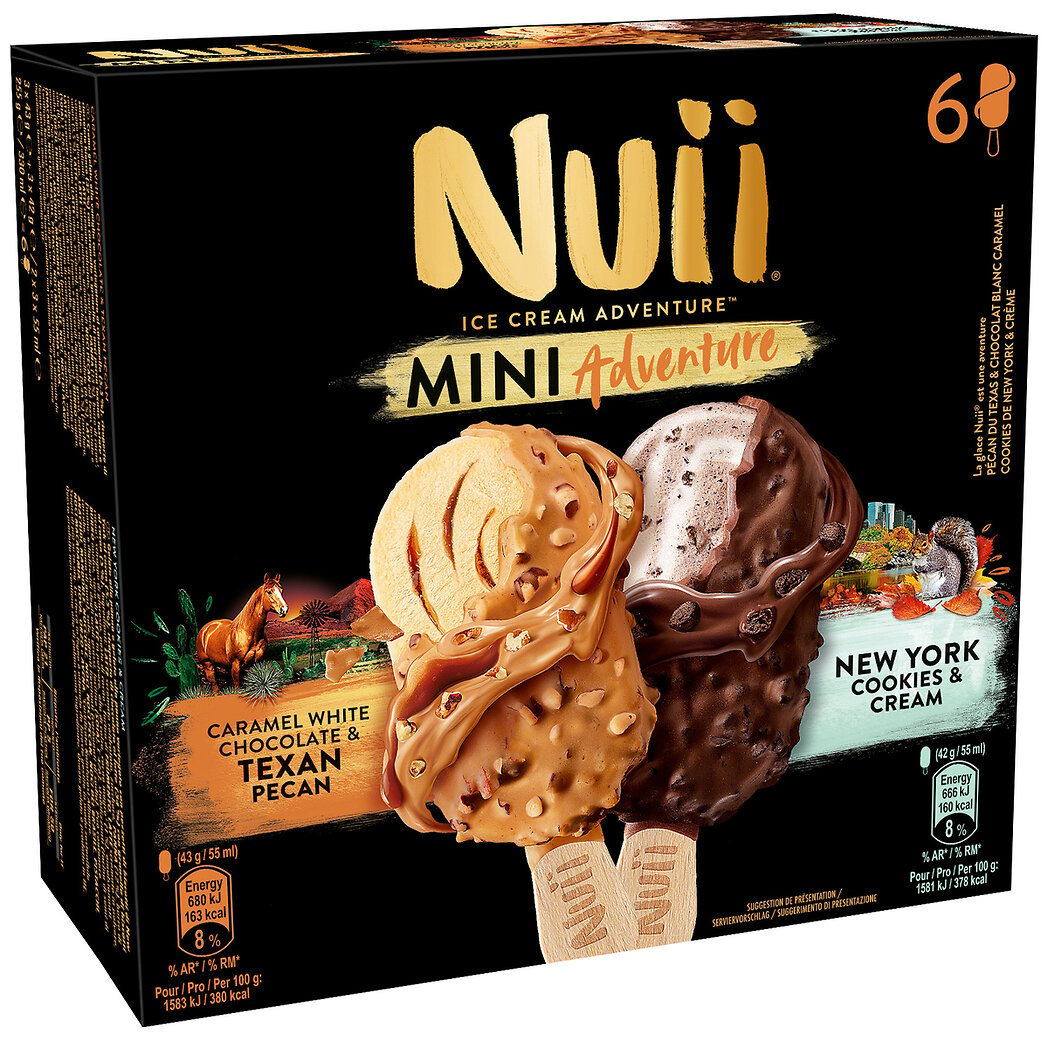 Nuii Mini Adventure - Glace caramel chocolat blanc noix de pécan et cookies cream la boîte de 6 bâtonnets - 255g