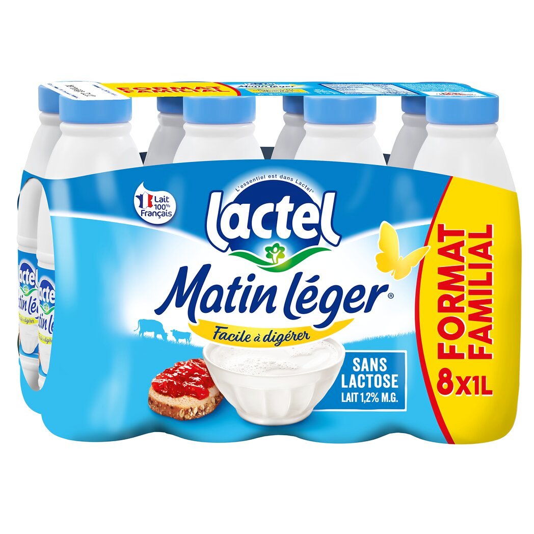 Lactel Matin Léger - Lait demi-écrémé sans lactose 1,2%mg facile à digérer UHT Le lot de 8 bouteilles de 1l - 8l