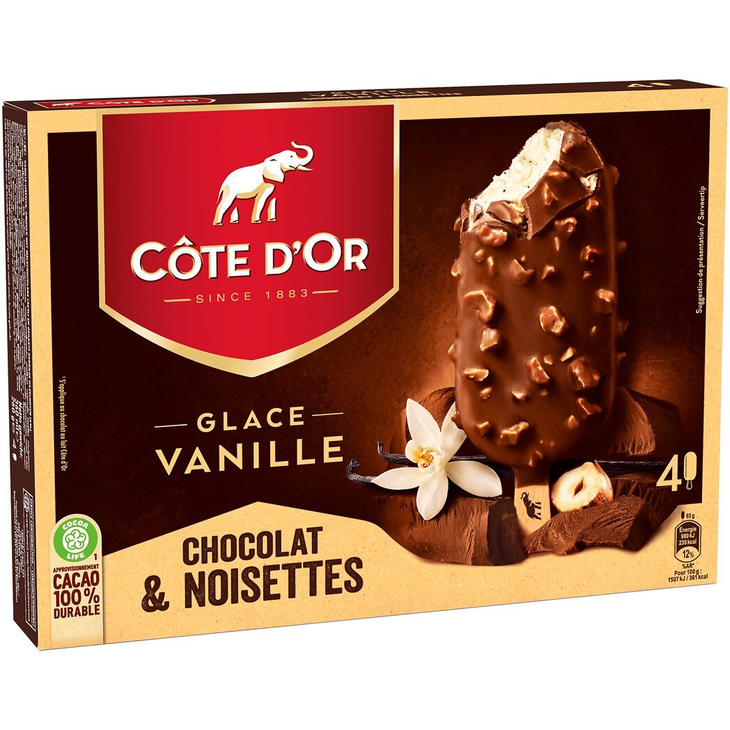 Côte d'Or Côte d'Or Bâtonnets de glace vanille chocolat & noisettes la boîte de 4 bâtonnets - 260g
