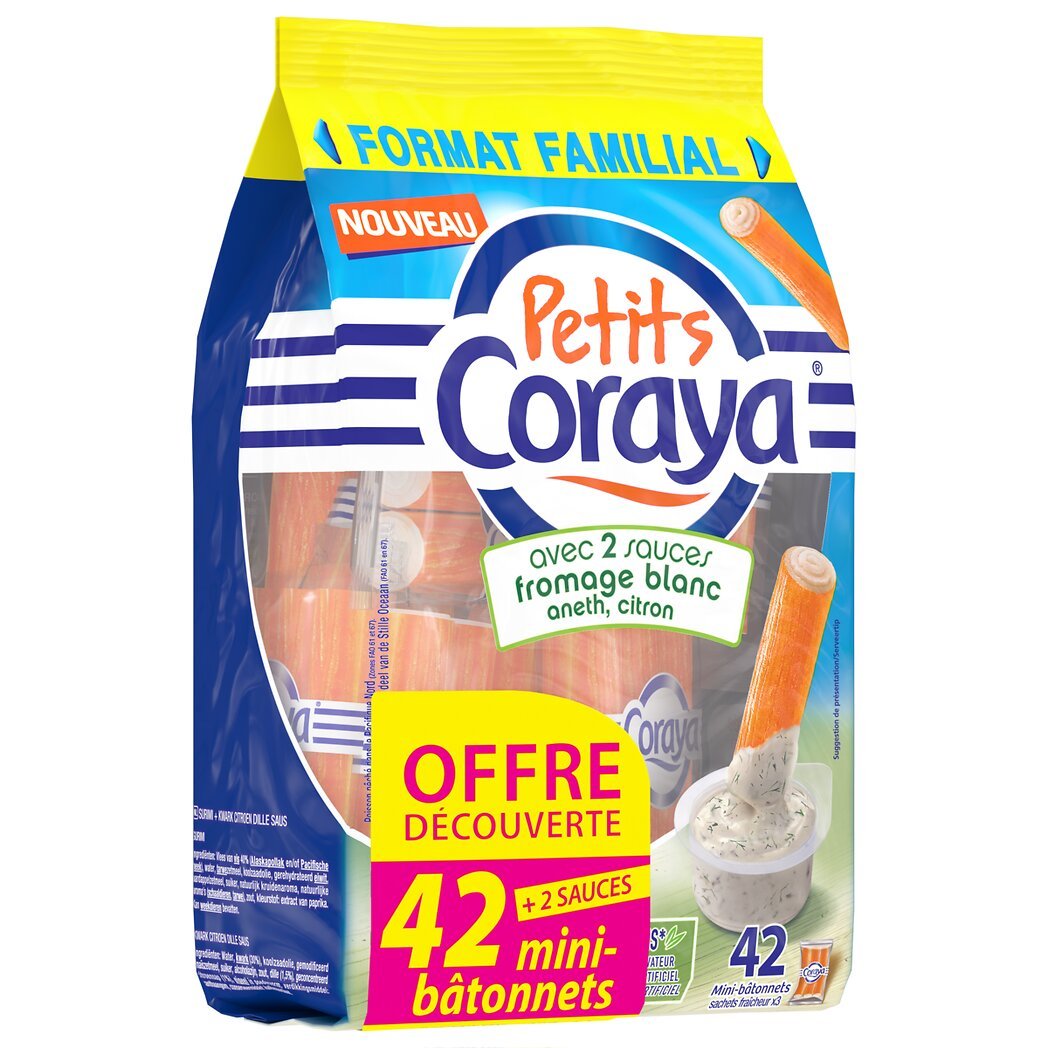Coraya Petits bâtonnets de surimi sauce fromage blanc aneth citron Le sachet de 42 bâtonnets - 420g