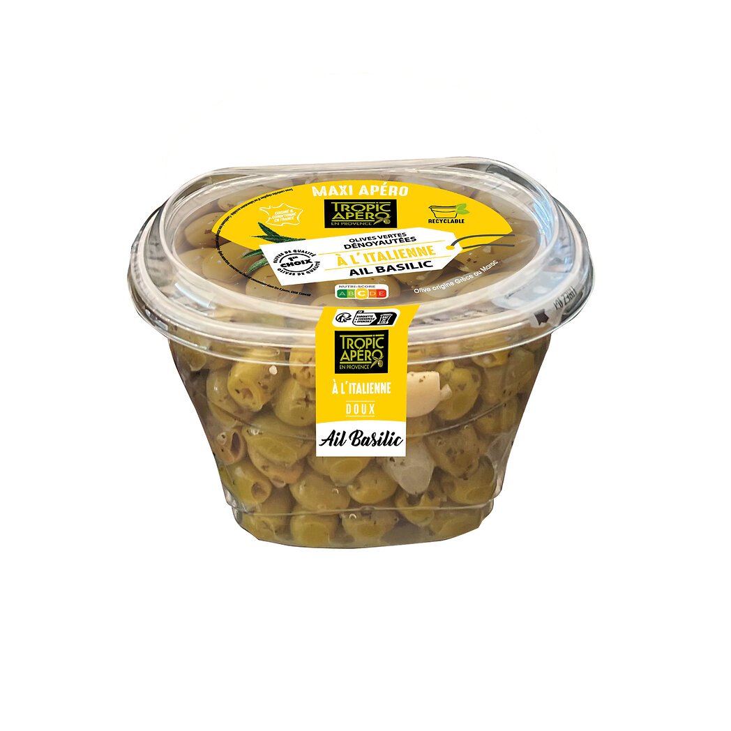 Tropic Apéro Olives vertes dénoyautées à l'italienne ail basilic la boite de 400g