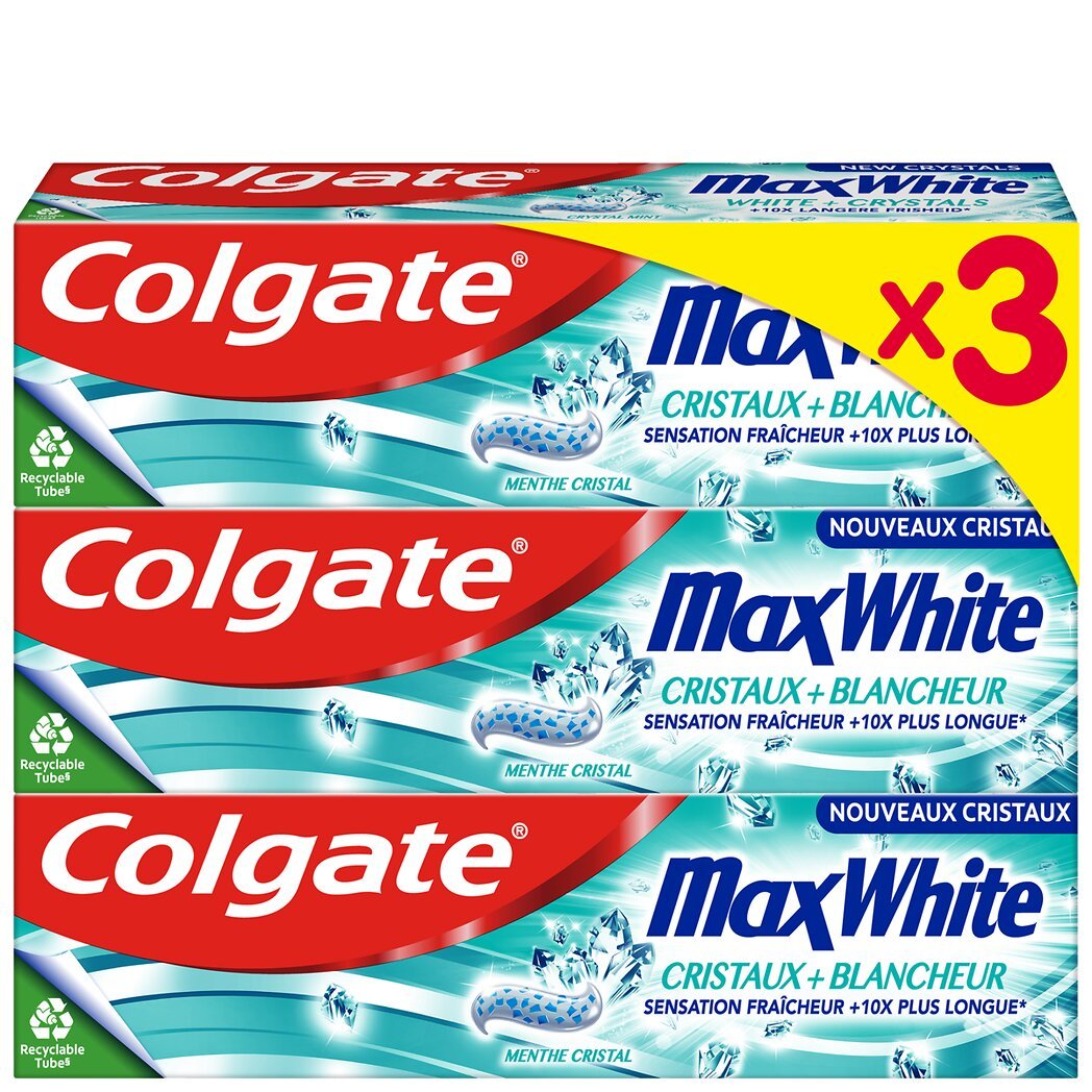 Colgate Max White - Dentifrice cristaux blancheur menthe cristal Le lot de 3 tubes de 75ml - 225ml