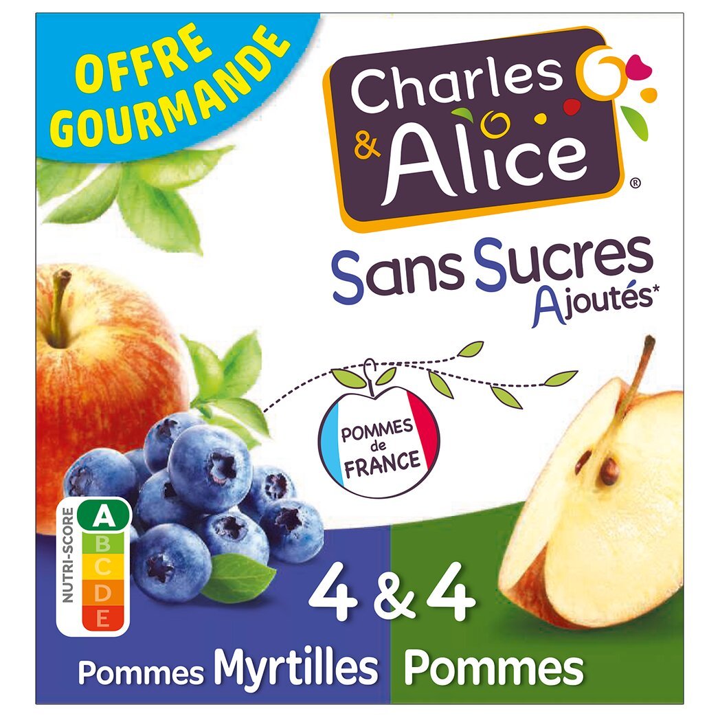 Charles & Alice Spécialité de pommes myrtilles et purée de pommes sans sucres ajoutés Le lot de 8 pots de 100g - 800g