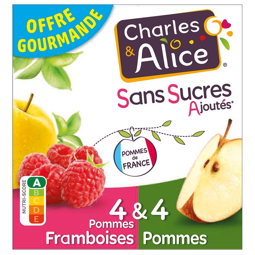 Charles & Alice Spécialité de pommes framboises et purée de pommes sans sucres ajoutés Le lot de 8 pots de 100g - 800g
