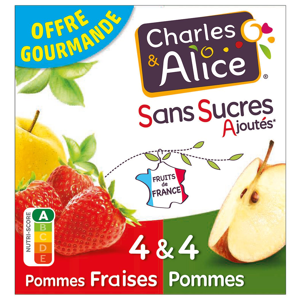 Charles & Alice Spécialité de pommes fraises et purée de pommes sans sucres ajoutés Le lot de 8 pots de 100g - 800g