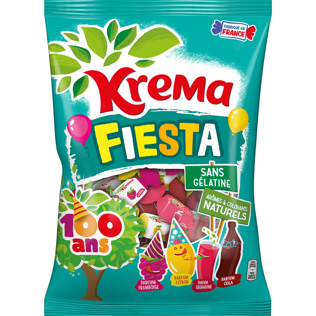 Kréma Fiesta - Bonbons sans gélatine framboise citron grenadine et cola Le sachet de 580g