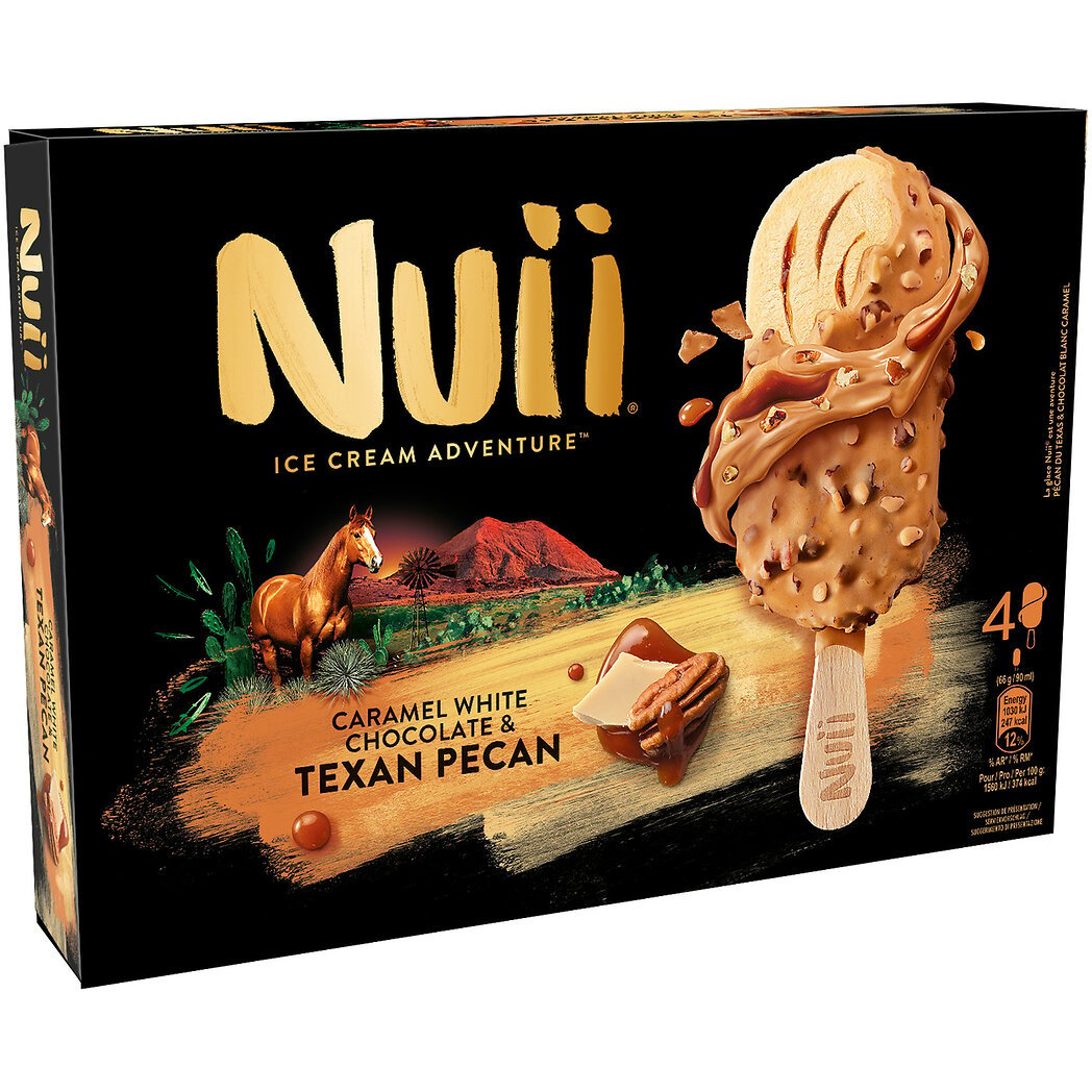 Nuii Nuii Glace caramel white chocolate & Texan pecan la boîte de 4 bâtonnets - 264g