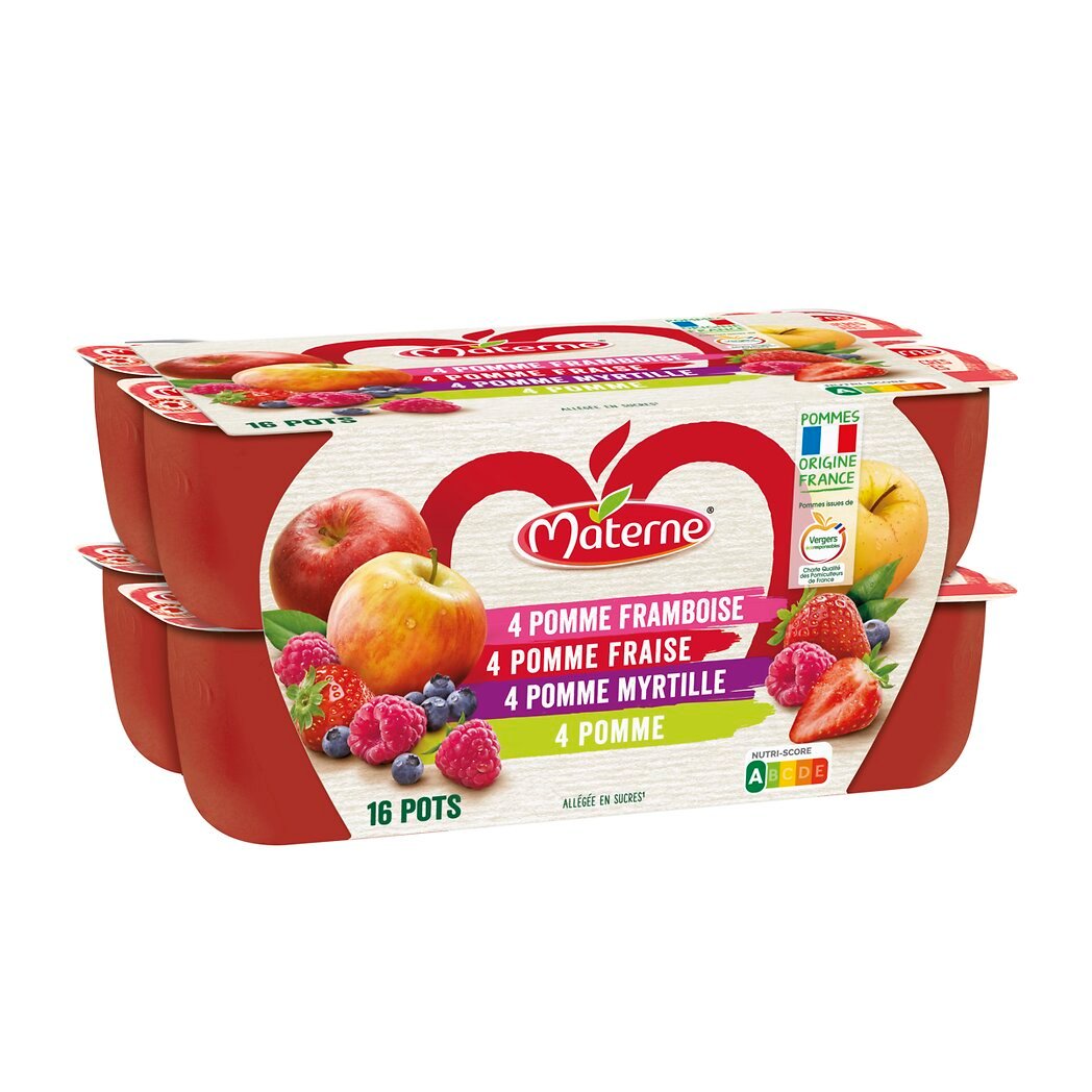 Compotes pomme, pomme fraise, pomme framboise, pomme myrtille Materne