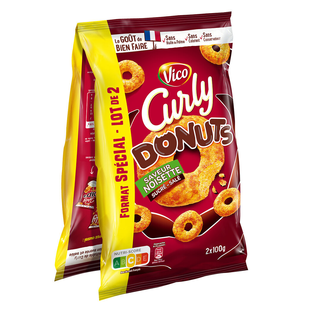 Curly Vico Curly - Biscuits apéritif Donuts goût noisette sucré-salé le lot de 2 sachets de 100 g - Format spécial