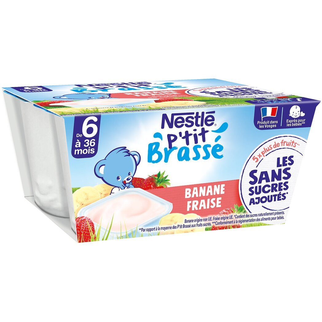 Nestlé Nestlé P'tit brassé à la fraise et la banane - dès 6 mois les 4 pots de 90g - 360g
