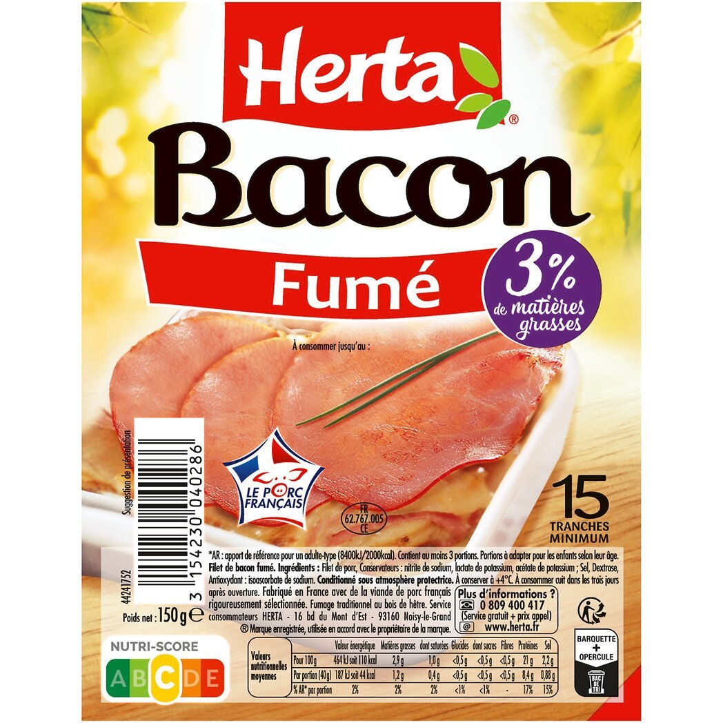 Herta Herta Bacon fumé la barquette de 15 tranches - 150 g