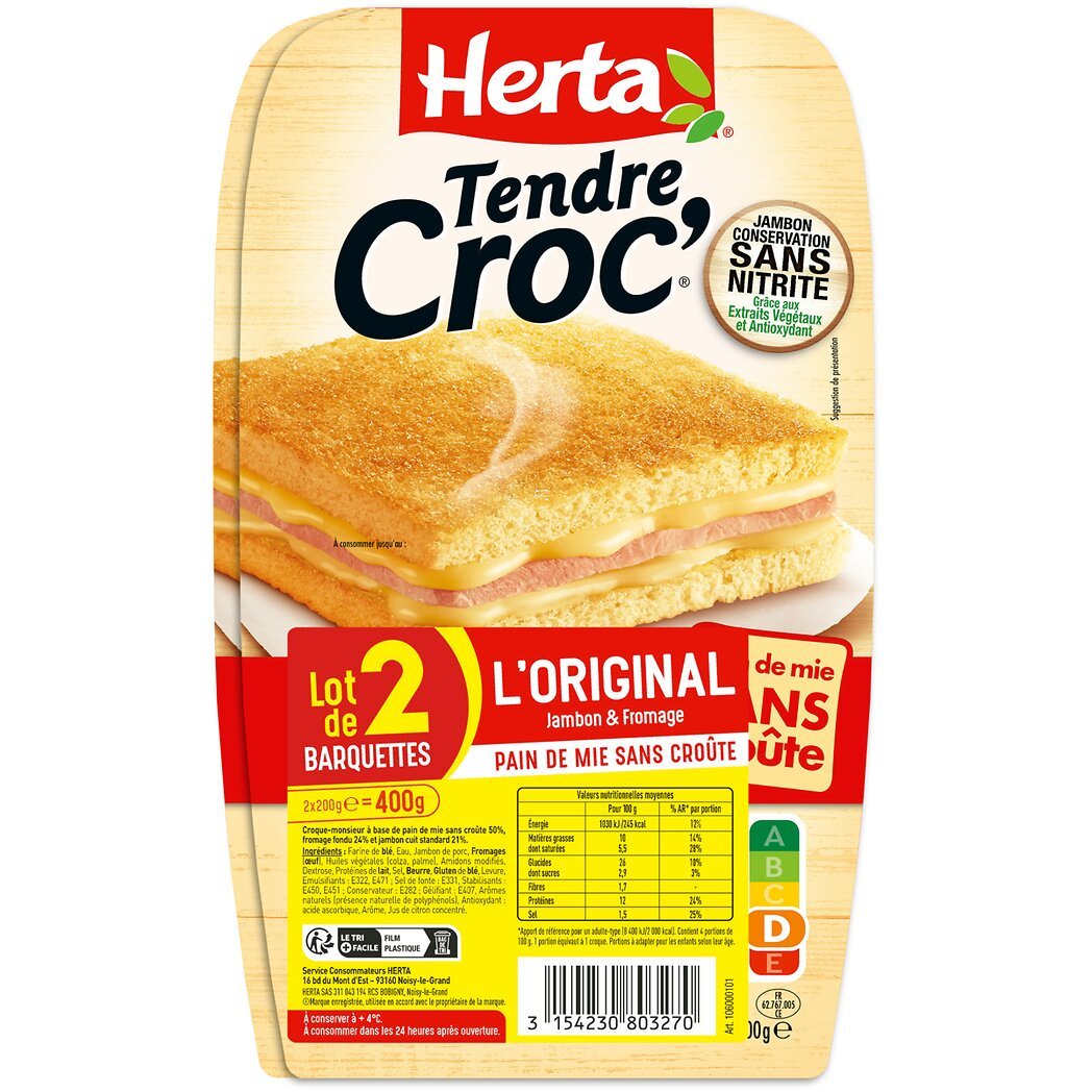 Herta 2267 Croque-monsieur jambon fromage sans croûte le lot de 2barquette de 2 croques -400g 