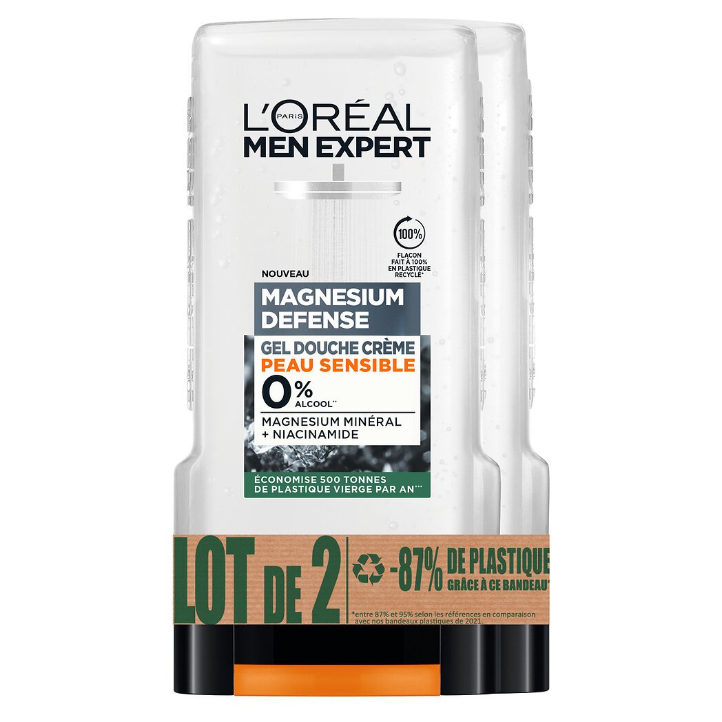 L'Oréal Men Expert - Gel douche crème peau sensible magnésium défense le lot de 2 flacons de 300ml - 600ml
