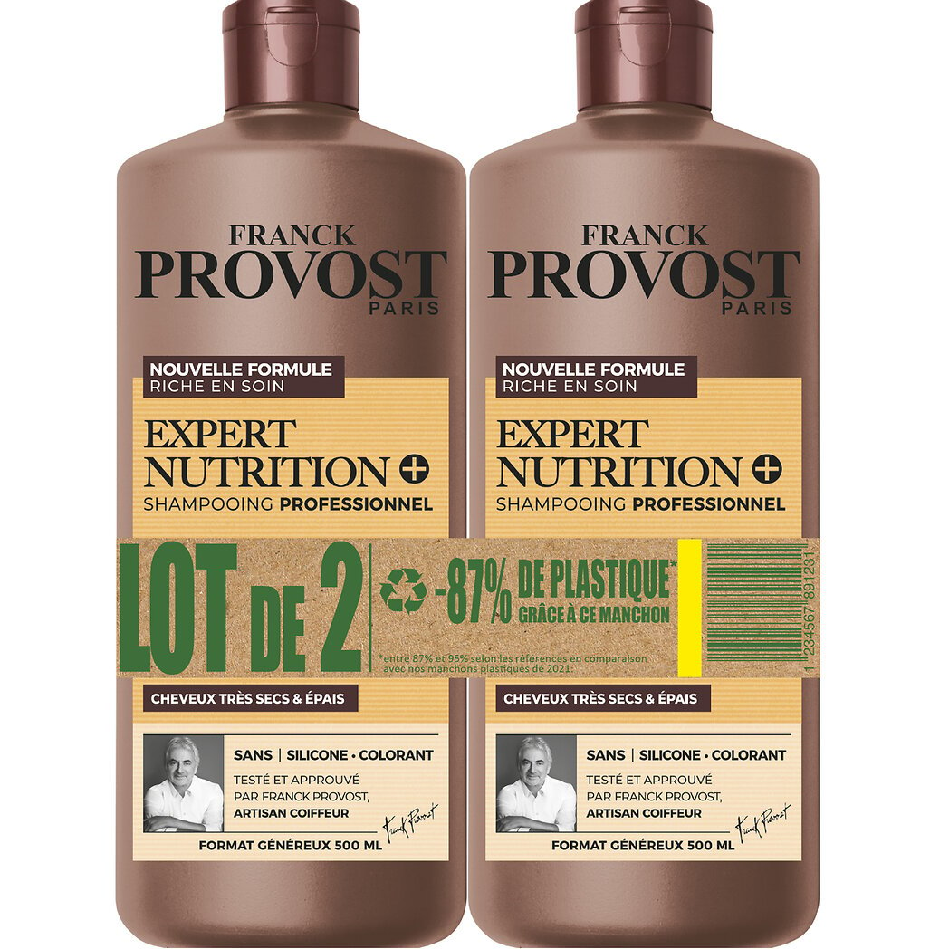 Franck Provost Shampooing professionnel Expert nutrition+ pour cheveux très secs et épais Le lot de 2 flacons de 500ml - 1l