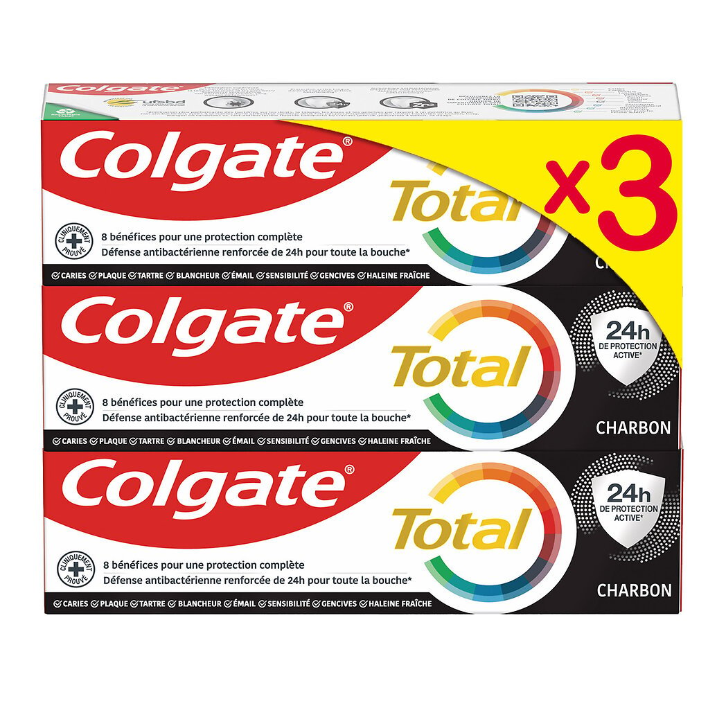 Colgate Total - Dentifrice Protection complète charbon Le lot de 3 tubes de 75ml - 225ml