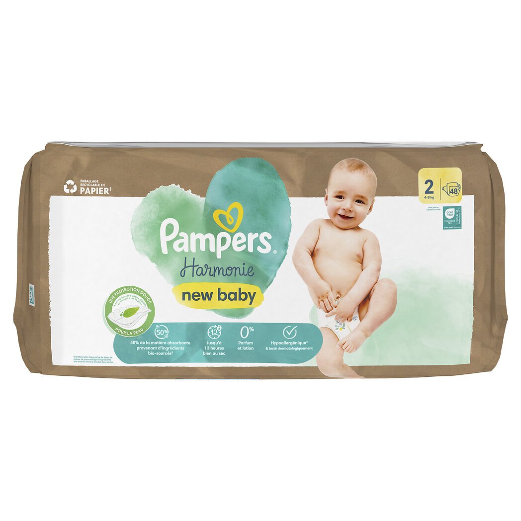 Pampers Harmonie - Couches géant New Baby Taille 2 - 4 à 8kg Le paquet de 48 couches