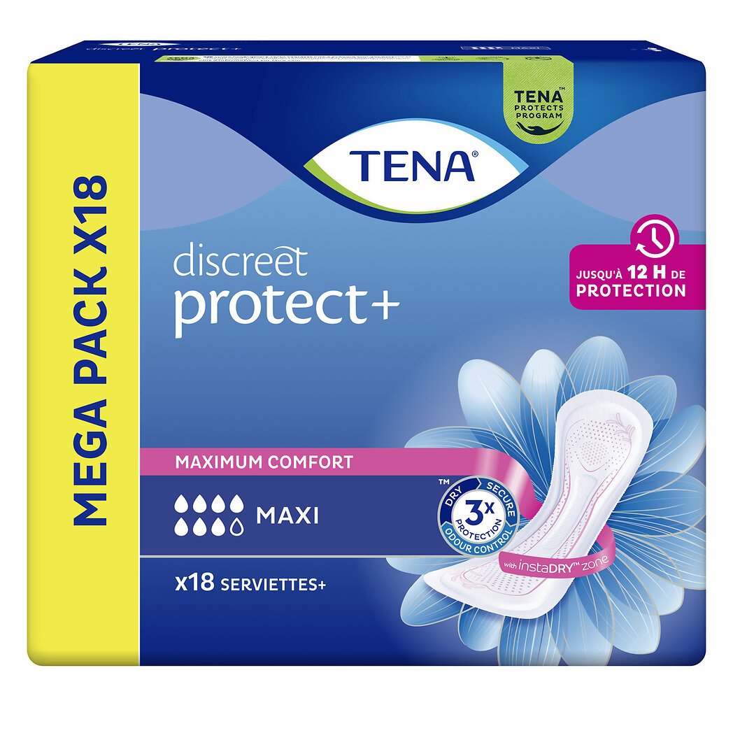 Tena Serviettes hygiéniques Discreet Protect+ Maxi La boîte de 18