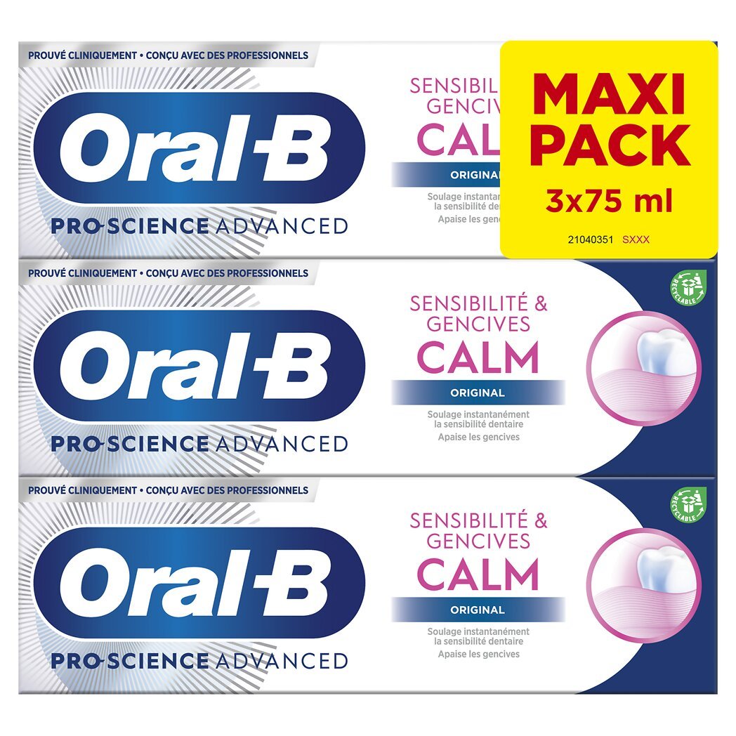 Oral B Pro-Science - Dentifrice sensibilité et gencives original Calm Le lot de 3 tubes de 75ml - 225ml