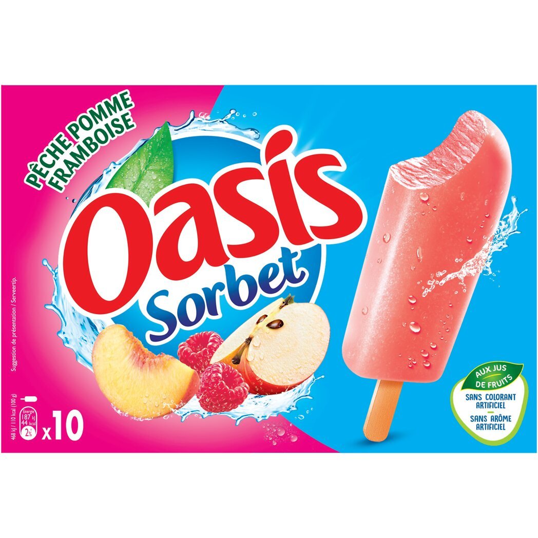 Oasis Oasis Sorbet pêche pomme framboise la boîte de 10 bâtonnets de 40g - 400g